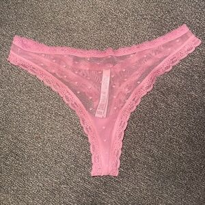 Victoria's Secret Sheer Pink Lace Panty Polka Dot Mesh Thong NEW